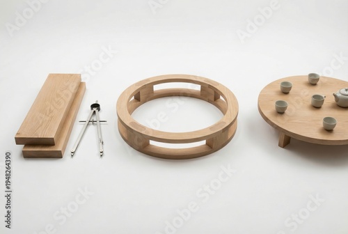 Minimalist wood craftsmanship showcasing circular and rectangular shapes with a compass set against a serene background emphasizing creativity and precision