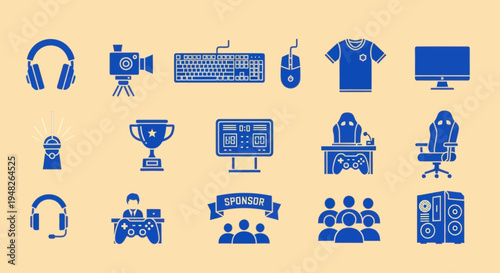 Gaming Icons: Headphones, Keyboard, Mouse, Computer, Trophy, Chair, PC, Streamer