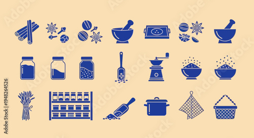 Spice Icons Set: Cinnamon, Star Anise, Cloves, Mortar, Grinder, Jars, Rolling Pin, Pot