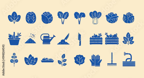Healthy Vegetables and Gardening Tools Icons Set