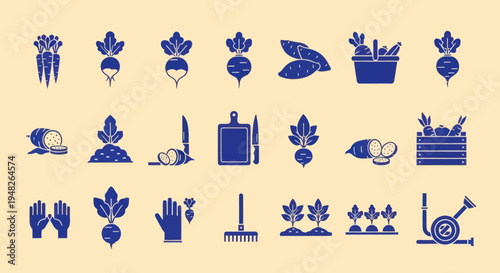Vegetable Garden Icons: Carrots, Radishes, Sweet Potatoes, Farming Tools