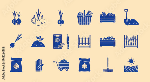 Gardening and Farming Icons: Onions, Vegetables, Tools, and Harvest