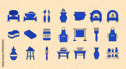 Pottery Craft Icons: Tools, Kiln, Clay, Vases, and Apron Set