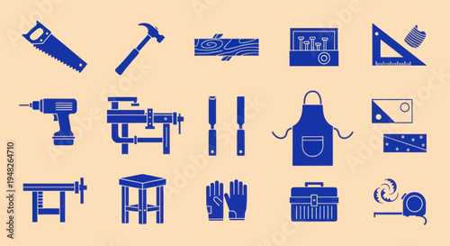Woodworking Tools and Equipment Icons Set