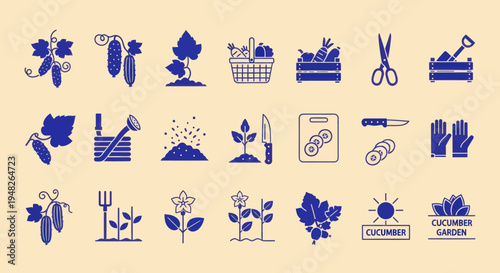 Cucumber Farming and Gardening Icons: Harvest, Tools, Plants, and Vegetables