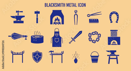Blacksmith Metal Icons: Forge, Tools, Anvil, Horseshoe, Sword, Chain, Apron