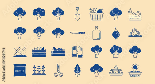Broccoli Icons and Garden Elements Set - Healthy Food and Organic Farming