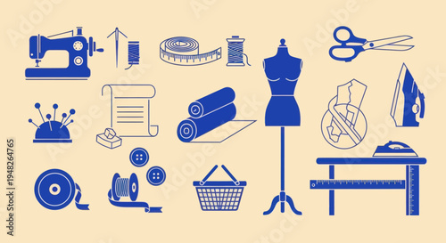 Sewing and Tailoring Icons: Machine, Fabric, Scissors, Mannequin, Iron