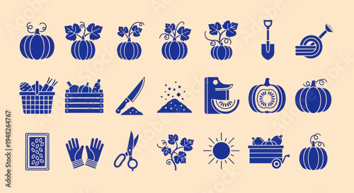 Autumn Harvest Icons: Pumpkins, Gardening Tools, Vegetables, Seeds, Sun