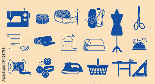 Sewing and Tailoring Icons: Machine, Fabric, Scissors, Mannequin, Iron, Spools