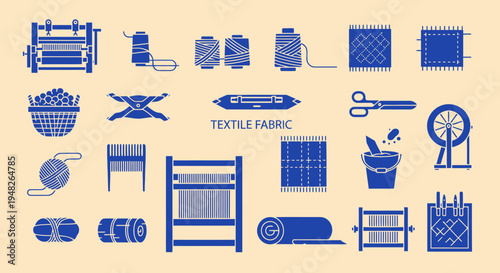 Textile Manufacturing Icons: Weaving, Spinning, and Sewing Tools