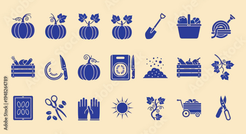 Autumn Harvest Icons: Pumpkins, Gardening Tools, and Vegetables on Beige Background