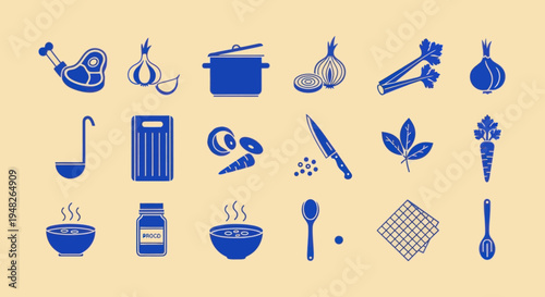 Cooking Icons Set: Ingredients, Utensils, and Dishes for Food Preparation