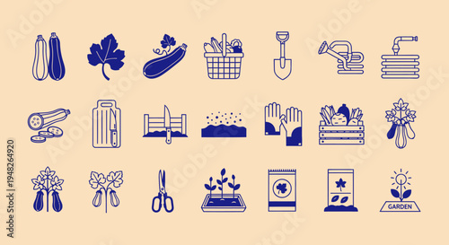 Gardening Icons Set: Vegetables, Tools, and Plants on Beige Background