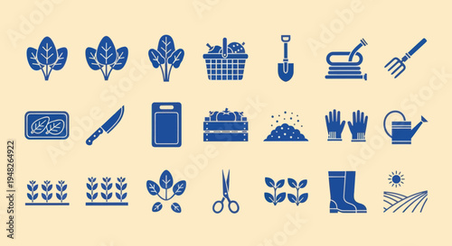 Gardening and Farming Icons Set: Vegetables, Tools, and Harvest