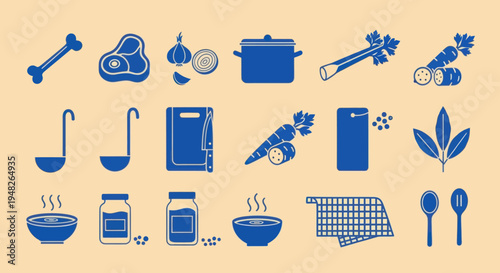 Cooking Ingredients and Utensils Icons Set - Blue on Beige Background