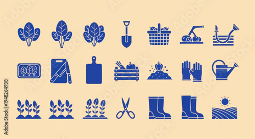 Gardening and Farming Icons Set: Vegetables, Tools, and Supplies