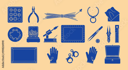 Jewelry Making Tools and Supplies Flat Lay Icons on Beige Background