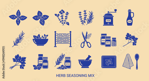 Herbs and Spices Icons: Seasoning Mix, Grinder, Mortar, Oils, Parsley, Rosemary, Basil