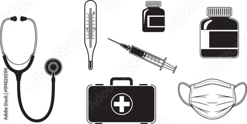 Medical including stethoscope thermometer syringe bottles and mask medical bottles face mask