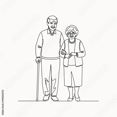 Happy elderly couple walking together in continuous line art style.