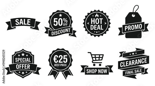 Promotional Sale Labels: Black and White Discount Stickers for Retail Marketing