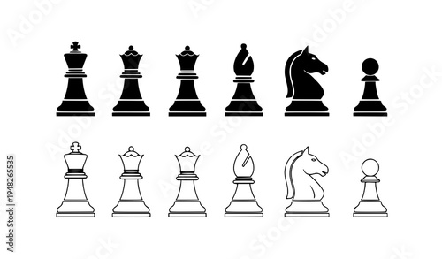 Chess pieces icon set king queen rook bishop knight pawn outline and silhouette vector