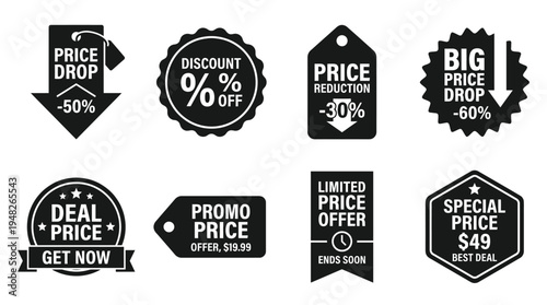 Promotional Price Icons: Black and White Discount Labels for Retail Marketing