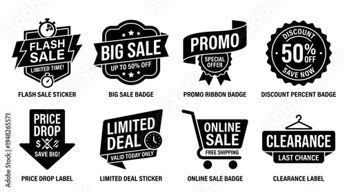 Promotional Sale Labels: Black and White Discount Stickers for Retail Marketing
