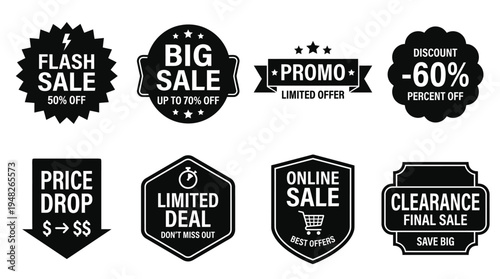 Promotional Sale Labels: Black and White Discount Stickers for Retail Marketing