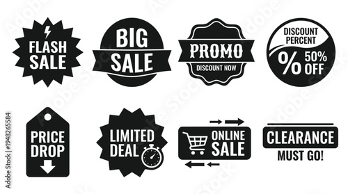 Promotional Ribbon Badges: Black and White Sale Labels for Retail Marketing