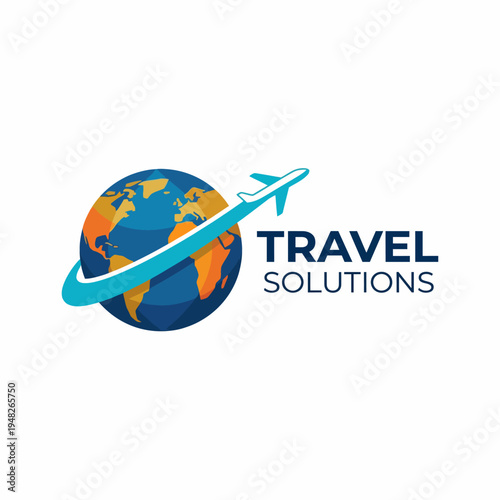This logo design for 'Travel Solutions' features a globe and airplane icon, symbolizing global travel and adventure, catering to travel agencies and tourism businesses.