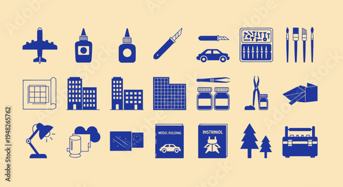 Hobby Craft Tools and Supplies Icons, Vector Set on Beige Background