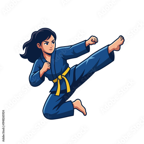A dynamic image of a martial artist executing a high kick, displaying strength, agility, and discipline, representing empowerment and dedication to martial arts.