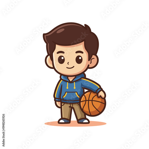 A charming cartoon boy dressed in a hoodie and jeans holds a basketball, capturing the essence of youth and sportsmanship in a playful and vibrant illustration.