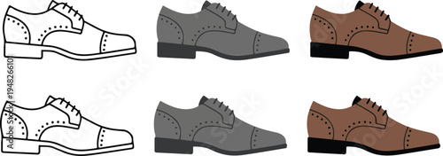 Minimalist derby shoe icon set with line art, gray and brown leather variations showing brogue detailing in side view