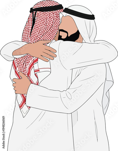 Two Arab Men Embracing in Traditional Thobe and Shemagh Greeting Illustration