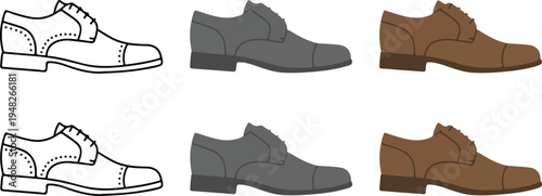 Minimalist derby shoe icon set with line art, gray and brown leather variations showing brogue detailing in side view