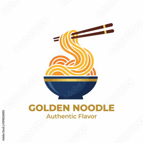 A creative logo illustrating a bowl of noodles with chopsticks, representing authentic flavor and culinary experiences, ideal for restaurants or food brands.