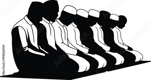 Muslim Men Praying in Congregation Silhouette Illustration for Islamic Religious Projects