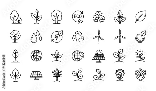 Nature and environment editable line icons vector set for eco and sustainability projects