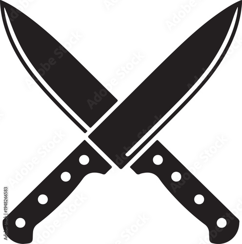 Two crossed chef's knives with black handles and blades forming an x shape.