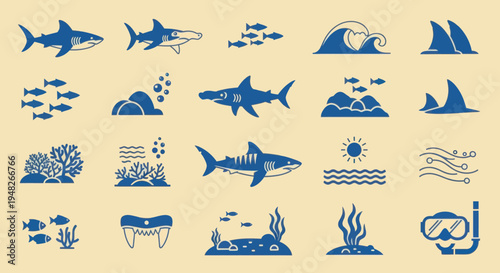 Shark Icons Set: Ocean Life, Marine Animals, Underwater World, Vector Graphics