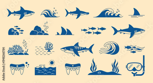 Shark Icons Set: Ocean, Waves, Underwater Life, Snorkeling Gear, Teeth