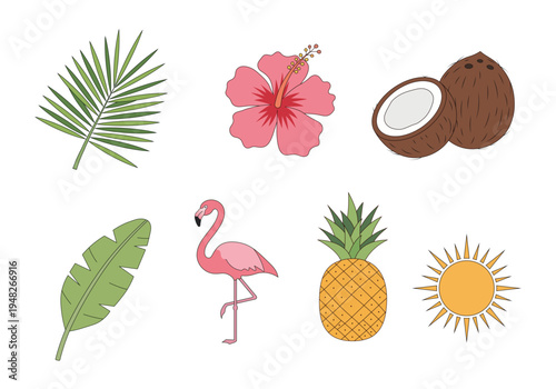 Tropical summer vacation icons including flamingo and fruit