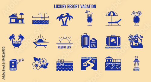 Luxury Resort Vacation Icons: Beach, Pool, Travel, Spa, Drinks, Palm Trees