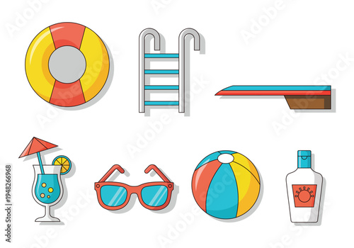 Colorful summer vacation icons including lifebuoy and sunglasses