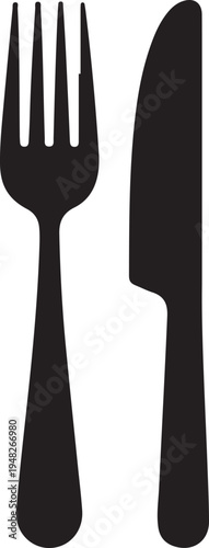 Black and white illustration of a fork and knife pair standing upright