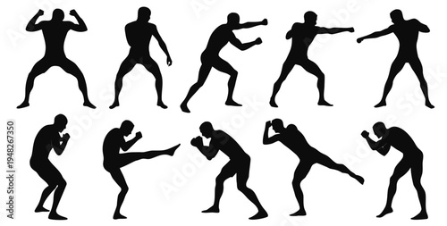 Wrestler silhouettes in dynamic fighting stances. Athletic combat figures preparing for attack .vector icon