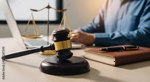 Lawyer working on laptop with gavel and legal documents on desk
